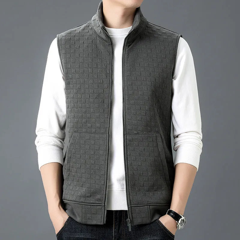 A man's casual sleeveless vest waistcoat in a polyester blend fabric, shown in grey.
