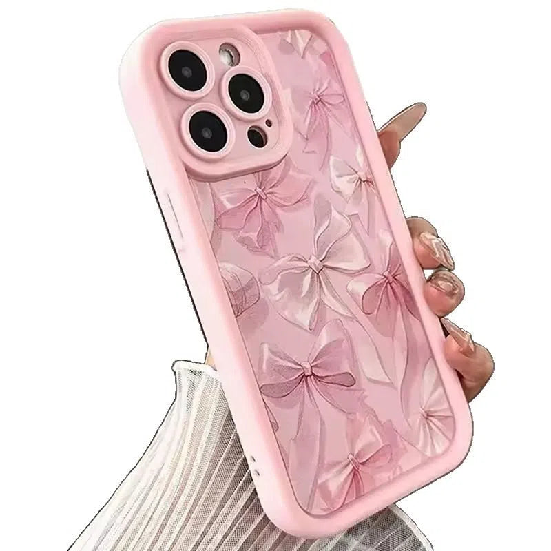 Pink matte silicone phone case with bow design and Tianyan ladder pattern for Apple iPhone