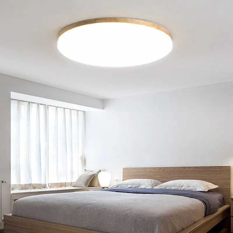 Japanese minimalist wood art and acrylic LED ceiling light with three colour temperature options