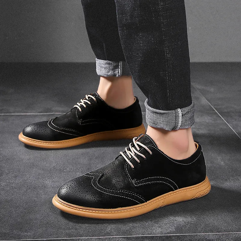 Men's black genuine leather business shoes with lace-up design and rubber soles
