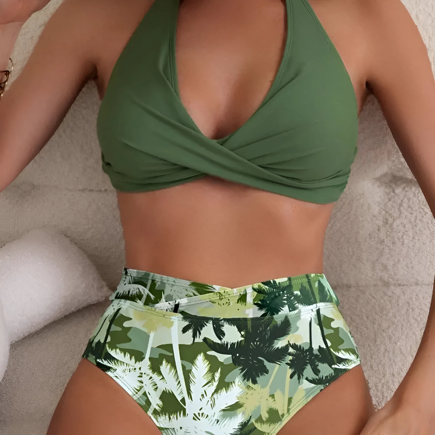Women's high-waisted one-piece swimsuit in nylon, shown in one of five colours: black, blue, green, lavender, or peacock green.