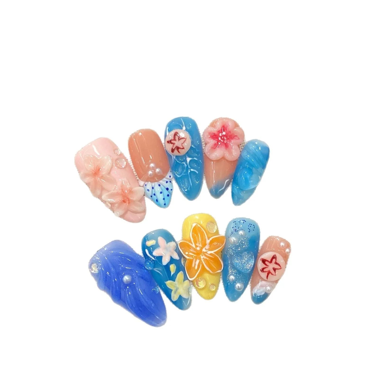 Three-dimensional carved jellyfish plastic wearable armour set in almond nail colour with rose and tulip patterns