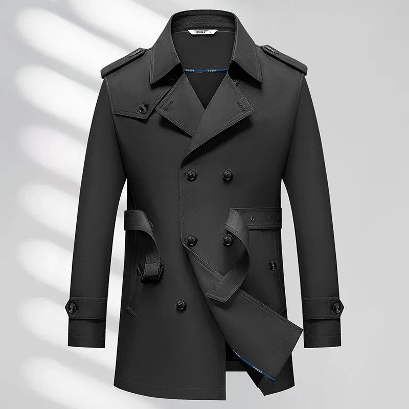 Men's business trench coat in khaki solid colour with non-ironing polyester fabric, front view