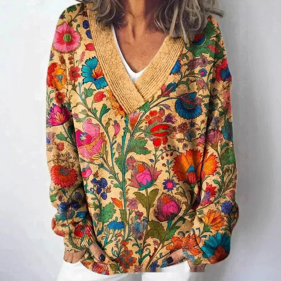 Women's V-neck floral pattern printed sweatshirt with 3D effect and long sleeves