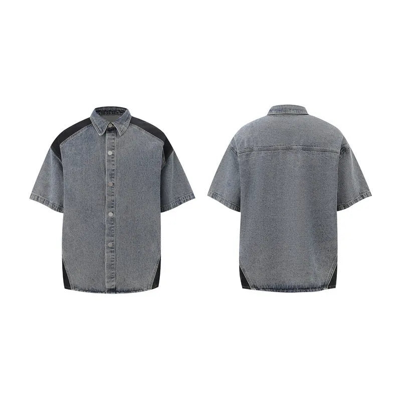 Retro washed denim short-sleeve jacket and trouser suit in black or blue set