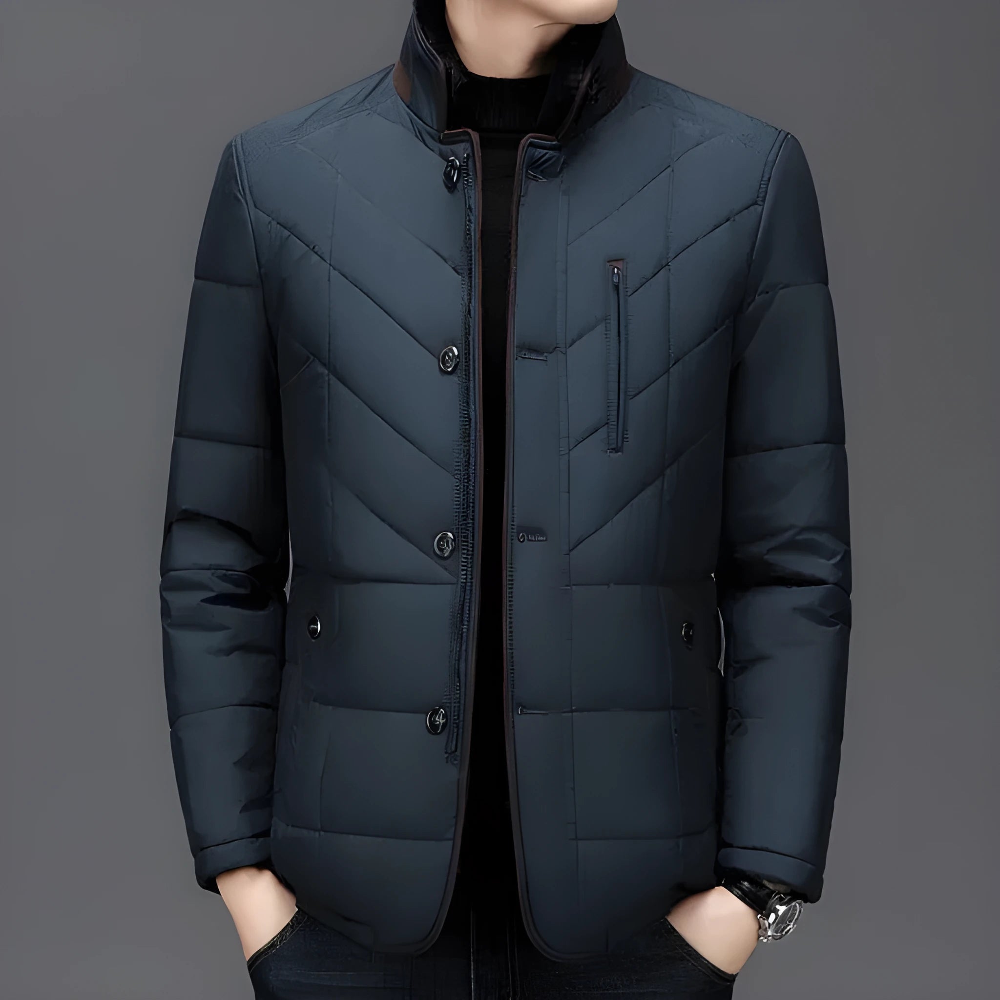 Men's winter short coat in dark blue colour with side seam pockets