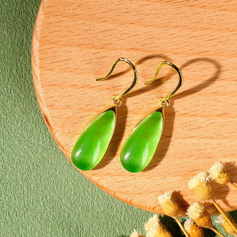 Retro Chinese banquet geometric earrings with jade colour water droplet design