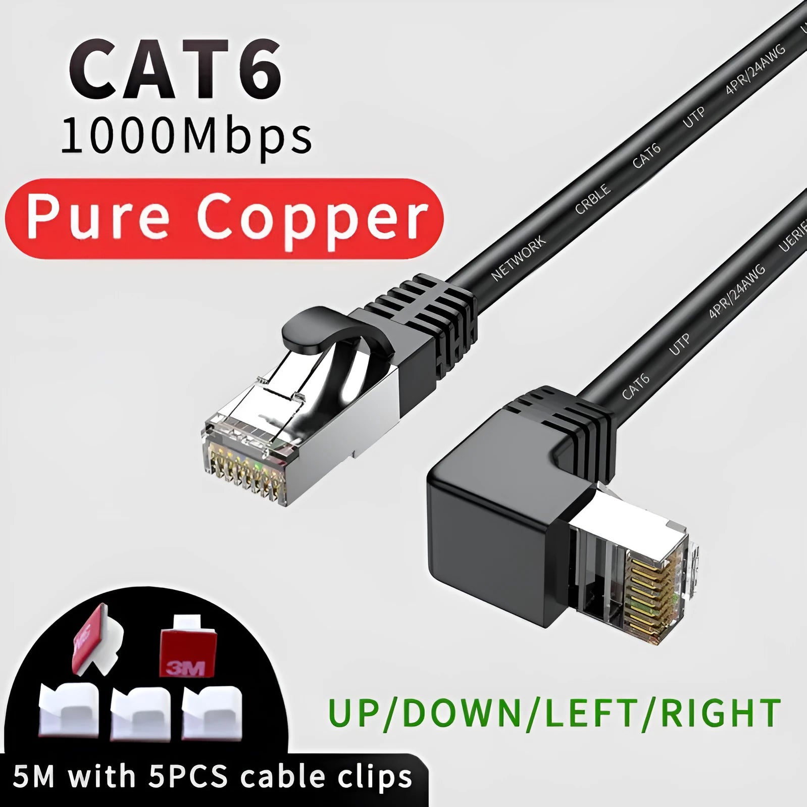 Cat6 Ethernet cable with right-angled metal RJ45 connectors in various colours including black, white, orange, and yellow.