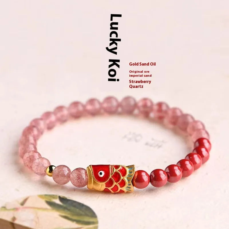 Purple cinnabar and pink strawberry quartz bracelet with koi and peach blossom design