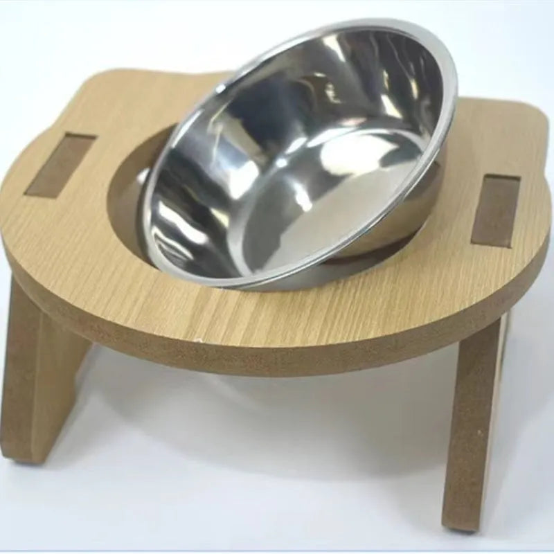 Wooden elevated cat feeder with two stainless steel bowls for food and water