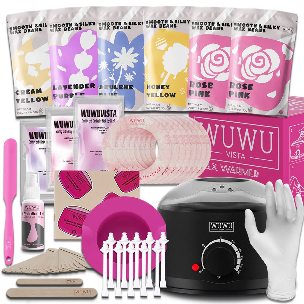 WUWUVISTA hard wax hair removal kit with pink wax warmer, coloured wax beads, applicators, and aftercare products
