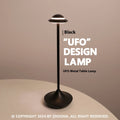 UFO-shaped rechargeable desk lamp with metal base and touch dimming in black, gold or grey