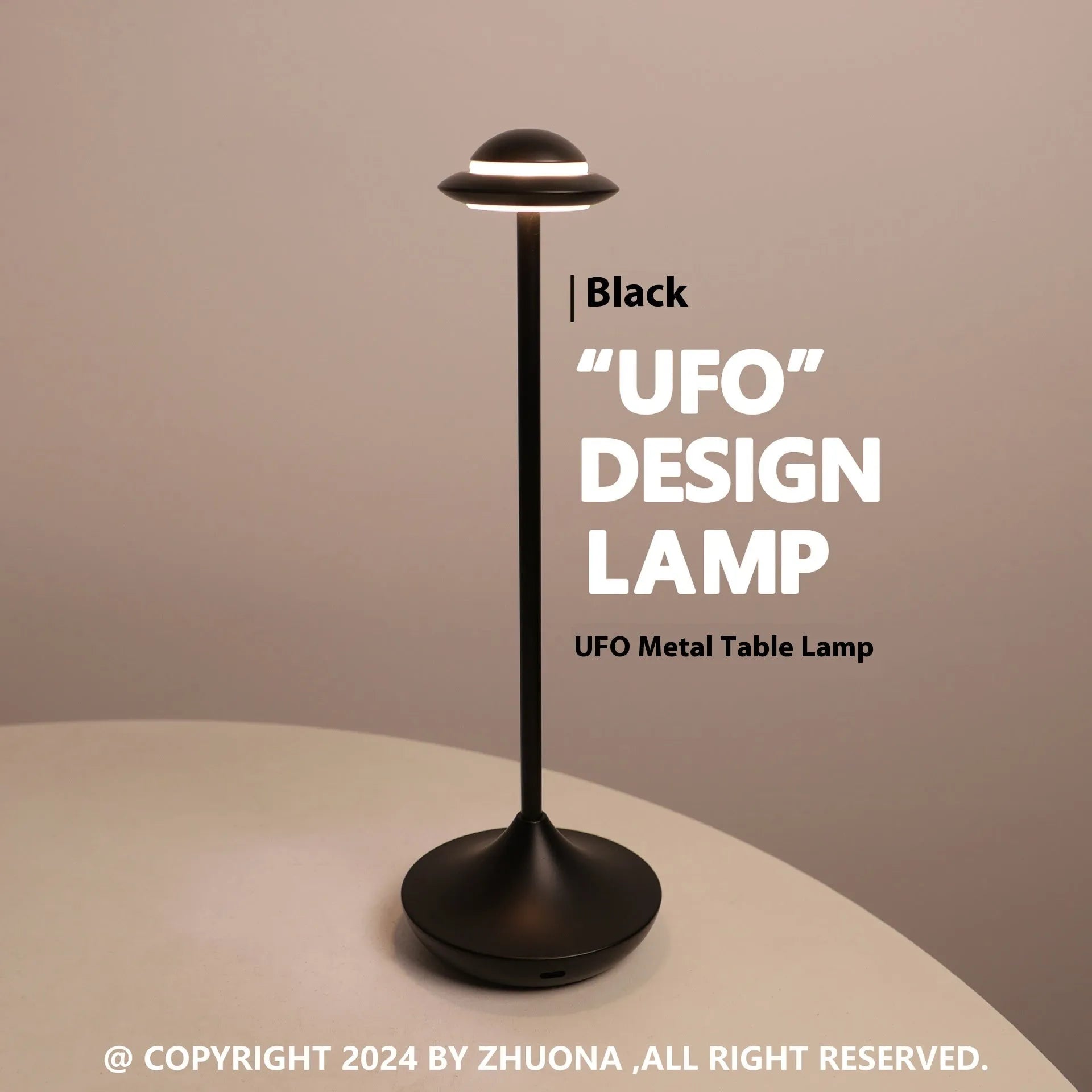 UFO-shaped rechargeable desk lamp with metal base and touch dimming in black, gold or grey