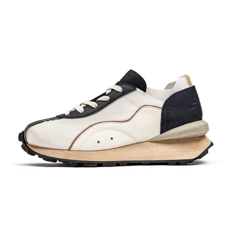 Men's retro casual running shoes with round toe, white blue colour, rubber sole, and front tie closure