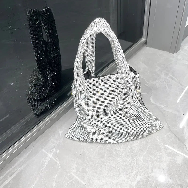 Shiny rhinestone handbag in silver colour, cotton thread construction, open pocket design for evening parties