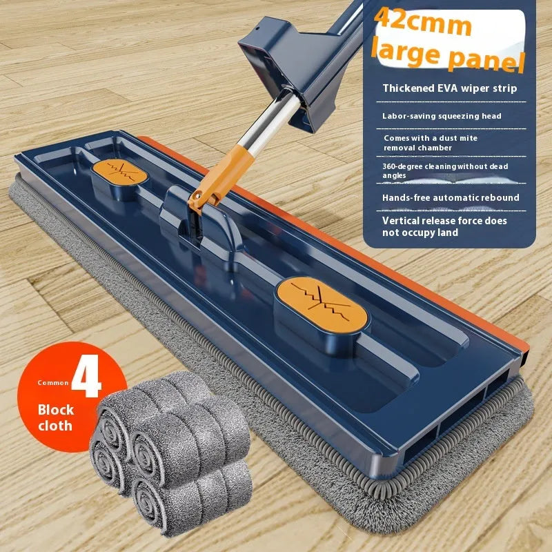 Large flat mop with long stainless steel handle and blue/white cloths on a hard floor.