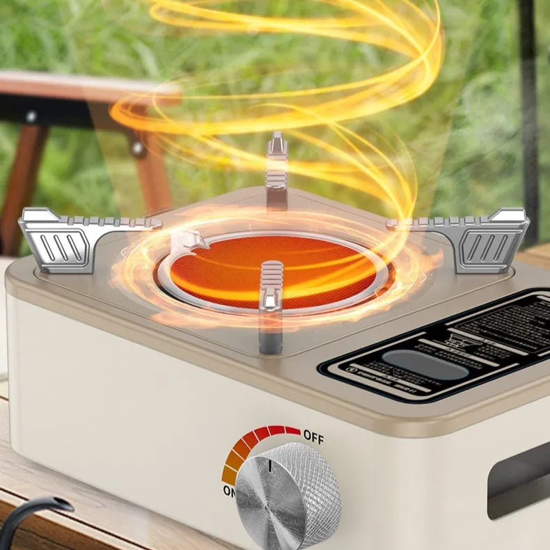 White portable gas stove with stainless steel construction for outdoor cooking