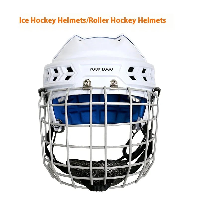 Ice hockey helmet with a carbon steel face mask, shown in size options S, M, L, XL.