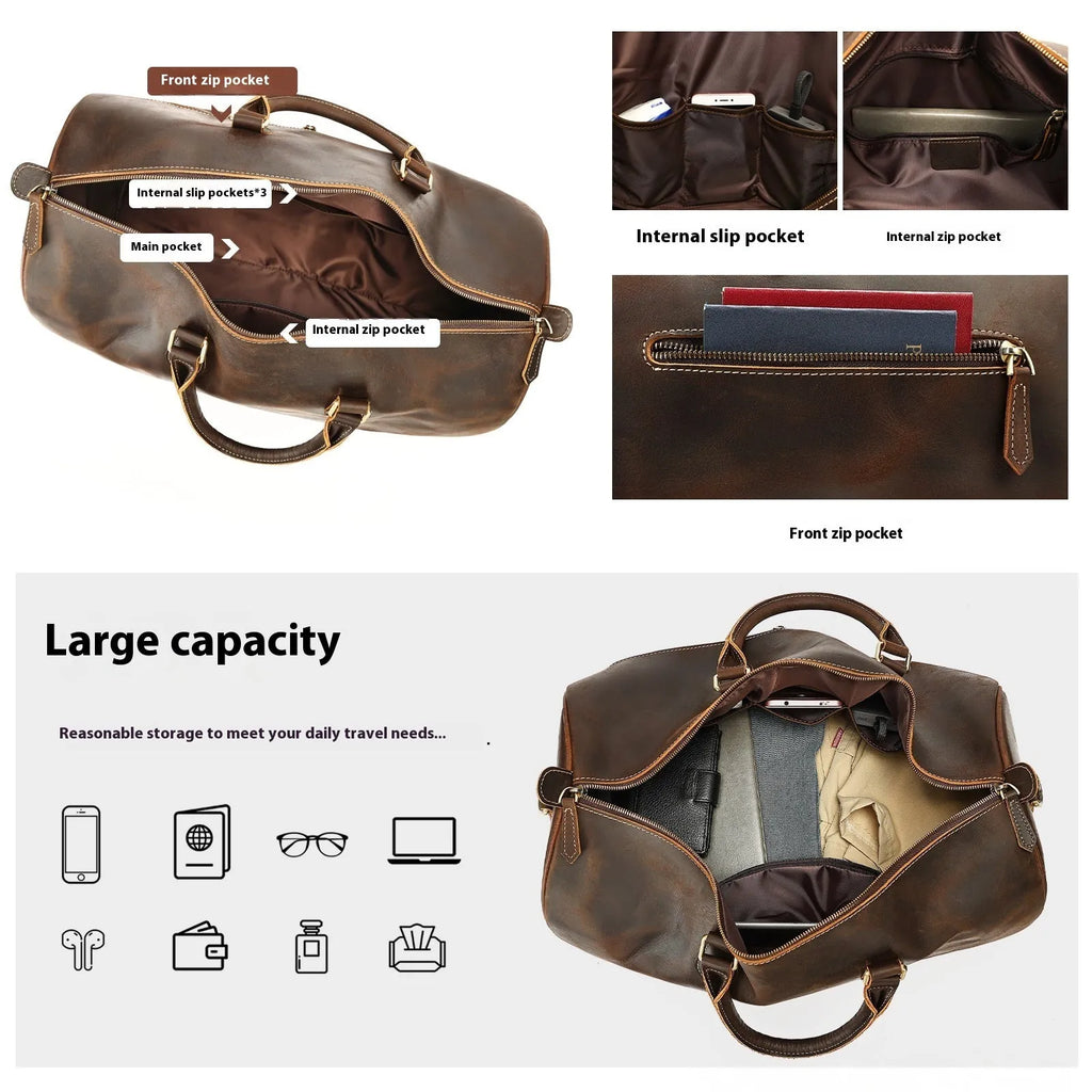 Men's vintage brown leather large crossbody bag with polyester cotton lining.