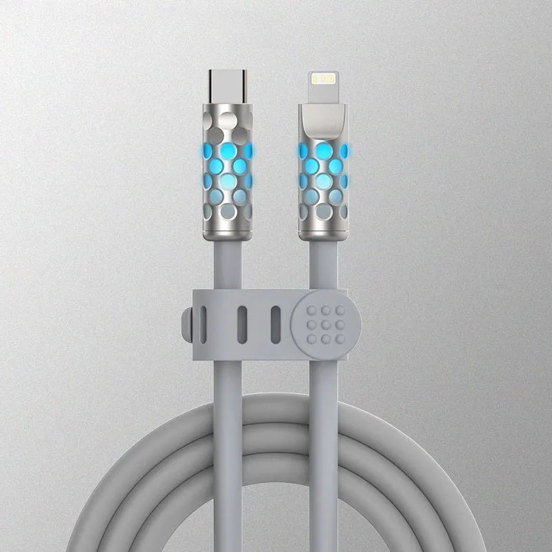 Full Power Fast Charging Liquid Silicone Luminescent Data Cable in silver gray with LED indicator, 1.5 metre length