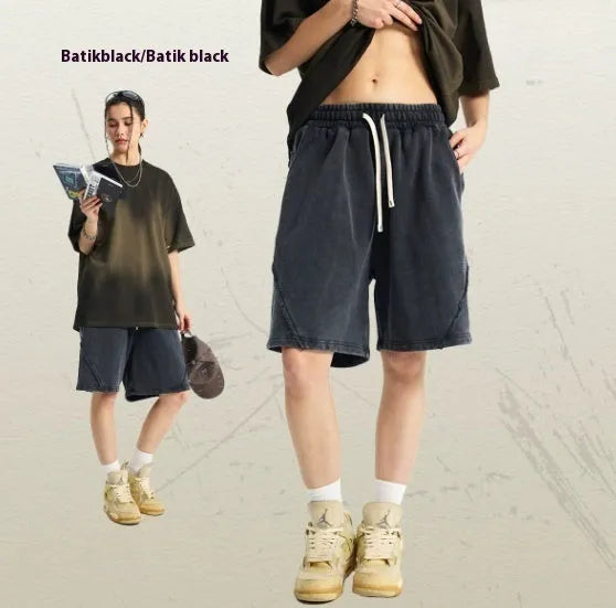 Men's batik washed cotton terry shorts in loose fit, shown in Batik Black colour