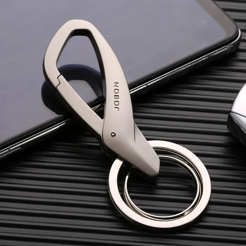 Zinc alloy double ring key waist hanger in black, chrome, and nickel colour options.