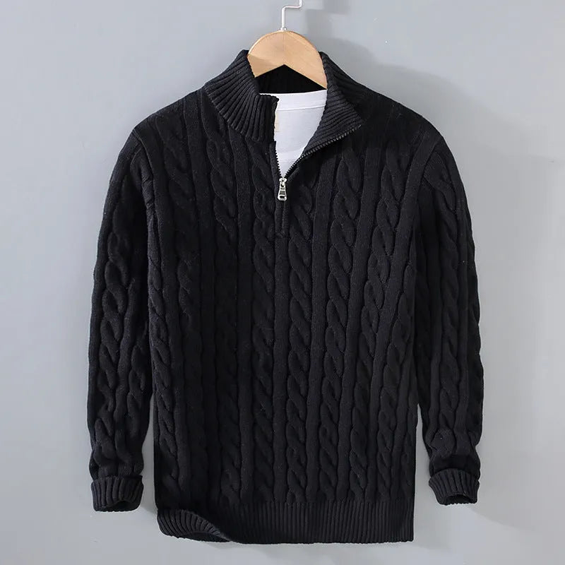Men's cotton knitted zip pullover sweater in wine red - thick winter loose fit coat with front zip