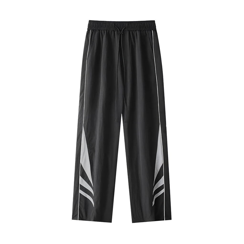 Men's straight leg casual trousers in black with elastic waistband and straight leg opening