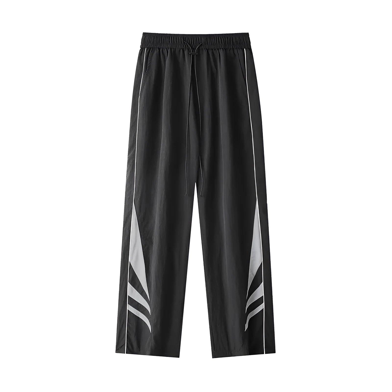 Men's straight leg casual trousers in black with elastic waistband and straight leg opening