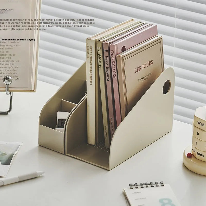 Two-tier white plastic desktop storage box with grid shelves for organising stationery and documents.