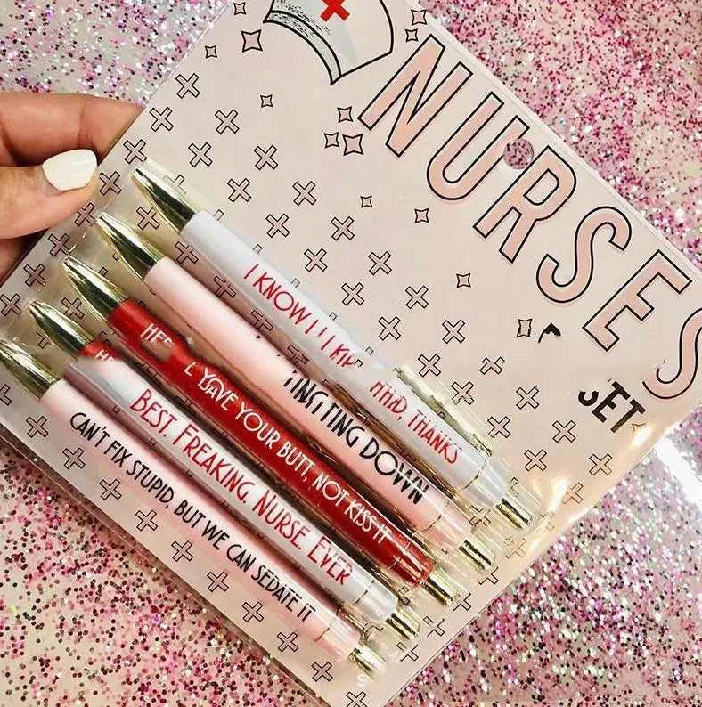 Set of five nurse-themed retractable ballpoint pens with medical designs showing plastic construction