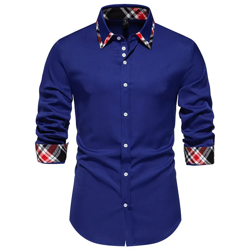 Man wearing a blue plaid long sleeve shirt with a triangle collar