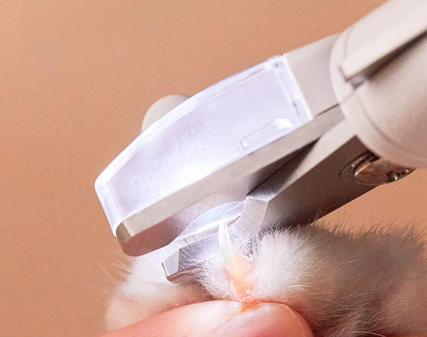 White LED pet nail clipper with a triangular blade, anti-splash guard, and leatherette handle.