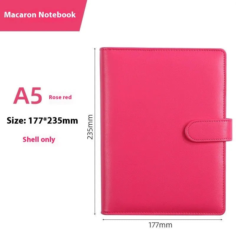 A5 PU leather loose-leaf binder shell with zipper closure shown in various colours.