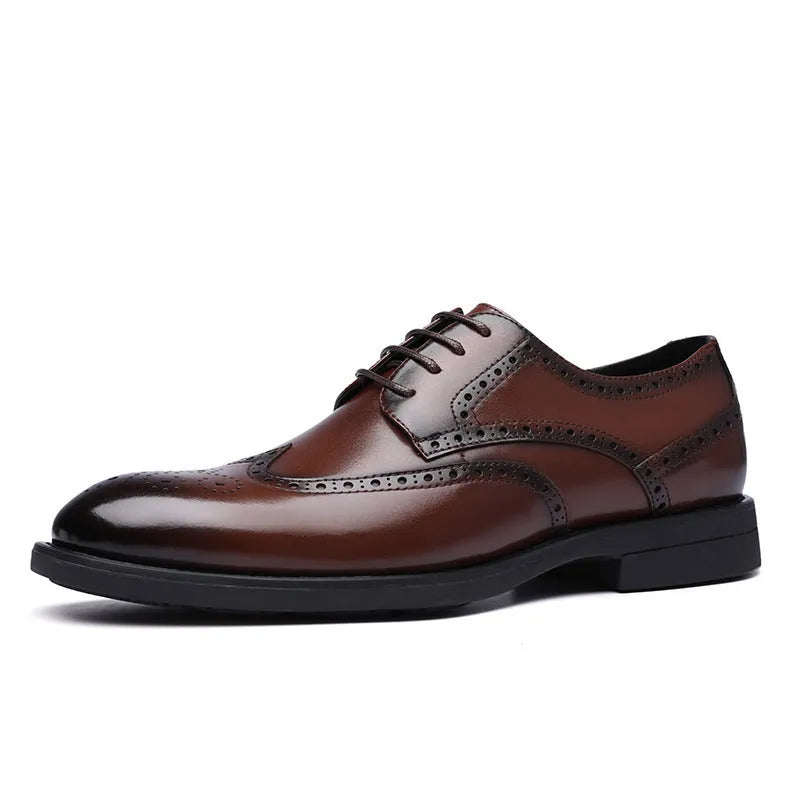 Men's black and brown brogue Oxford style formal shoes with perforated detailing.