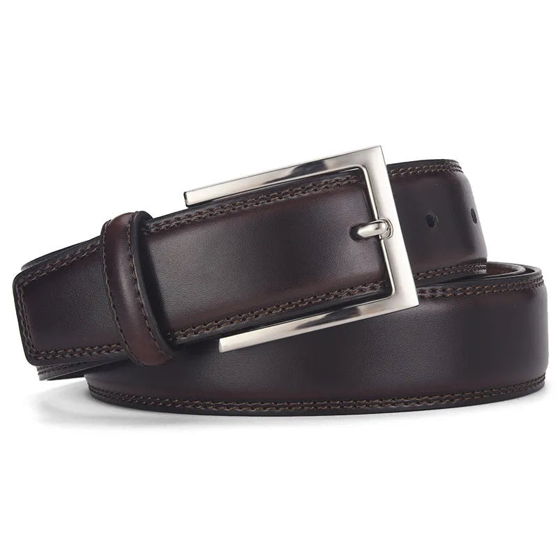 Men's black leather belt with silver pin buckle fastener showing length measurement