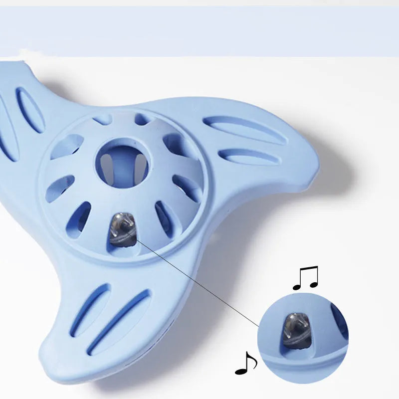Blue boomerang molar shaped dog chew toy with raised dental cleaning edges