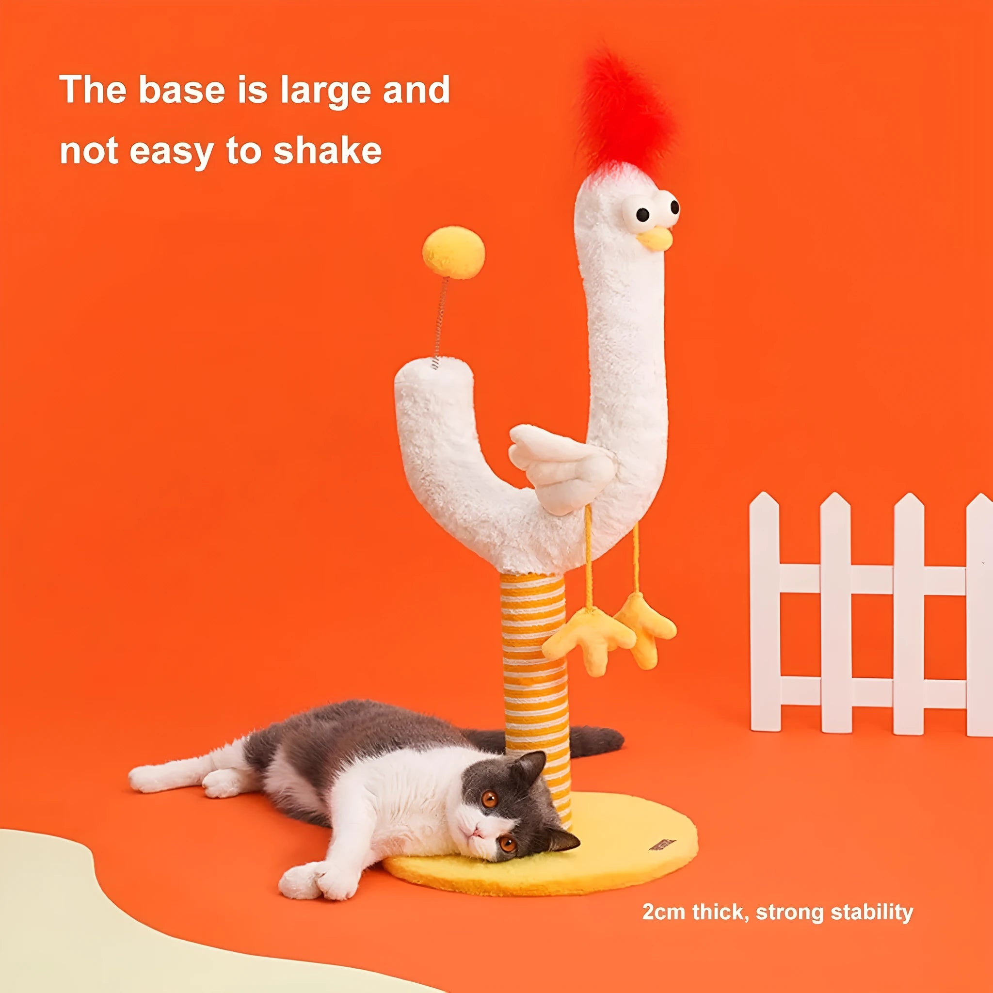 Tall yellow vertical cat scratching post with sisal rope and a spring ball toy.