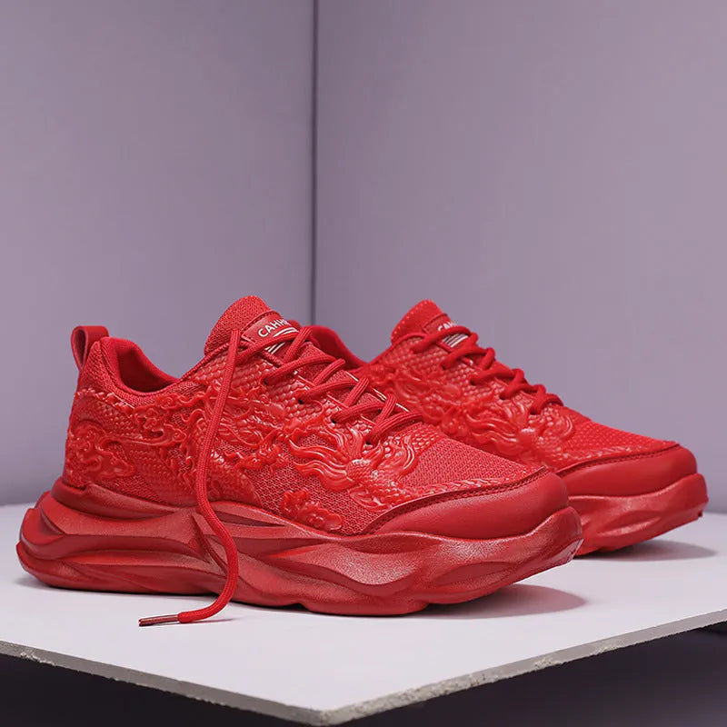 Casual sneakers with Chinese dragon artwork on breathable fly knit material and rubber soles