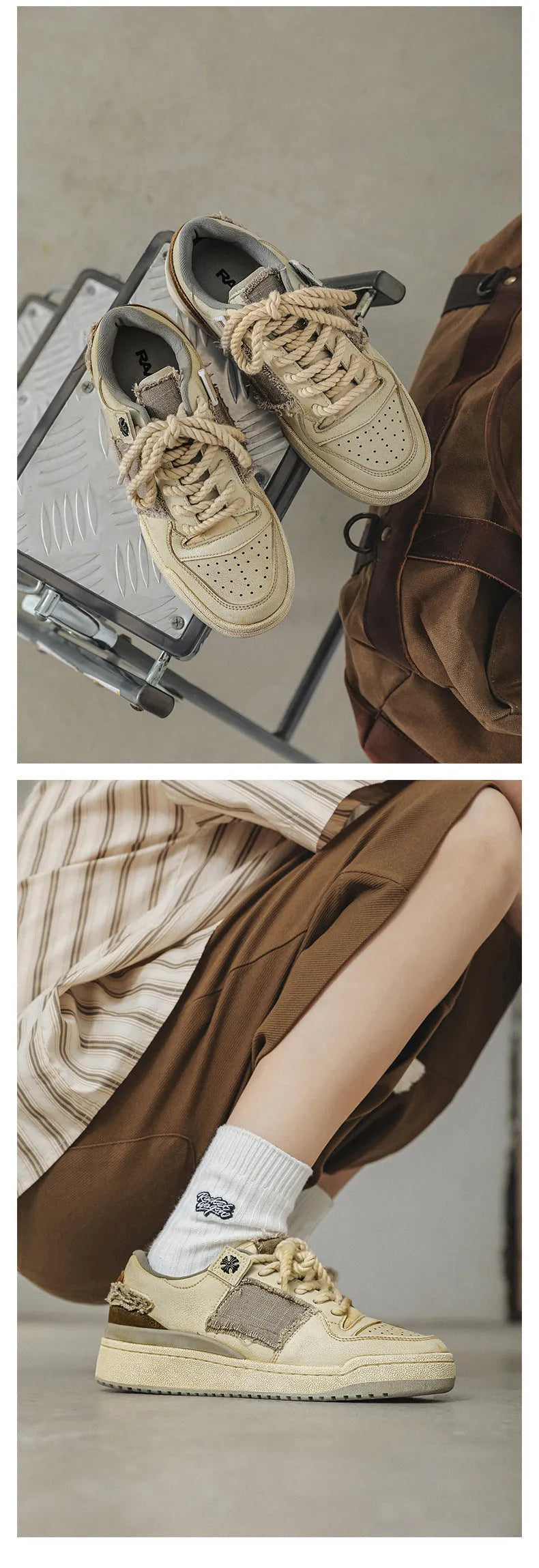 Beige low-top skateboard shoes with round toe and front lace-up closure on a flat rubber sole.