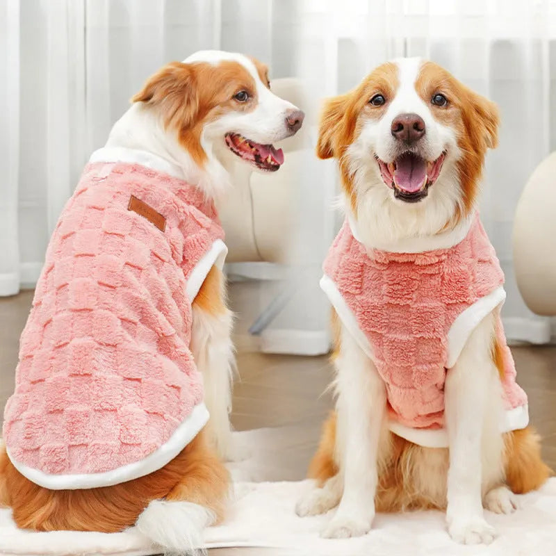 Pet autumn winter cotton clothes coral fleece jacket in brown square grid with leather tag, side view