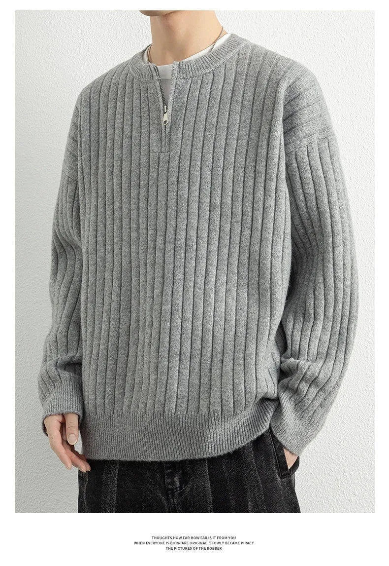 Men's grey half-zip texture knit sweater with loose fit and long sleeves