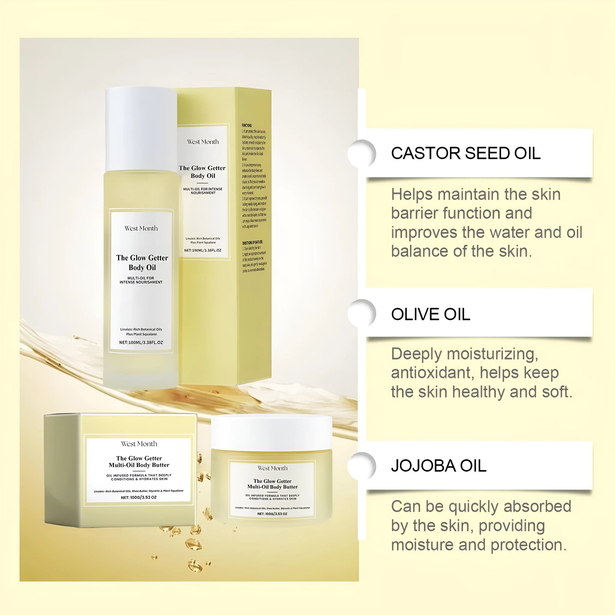 Nourishing and firming body care kit with skincare oil bottle and moisturising cream jar