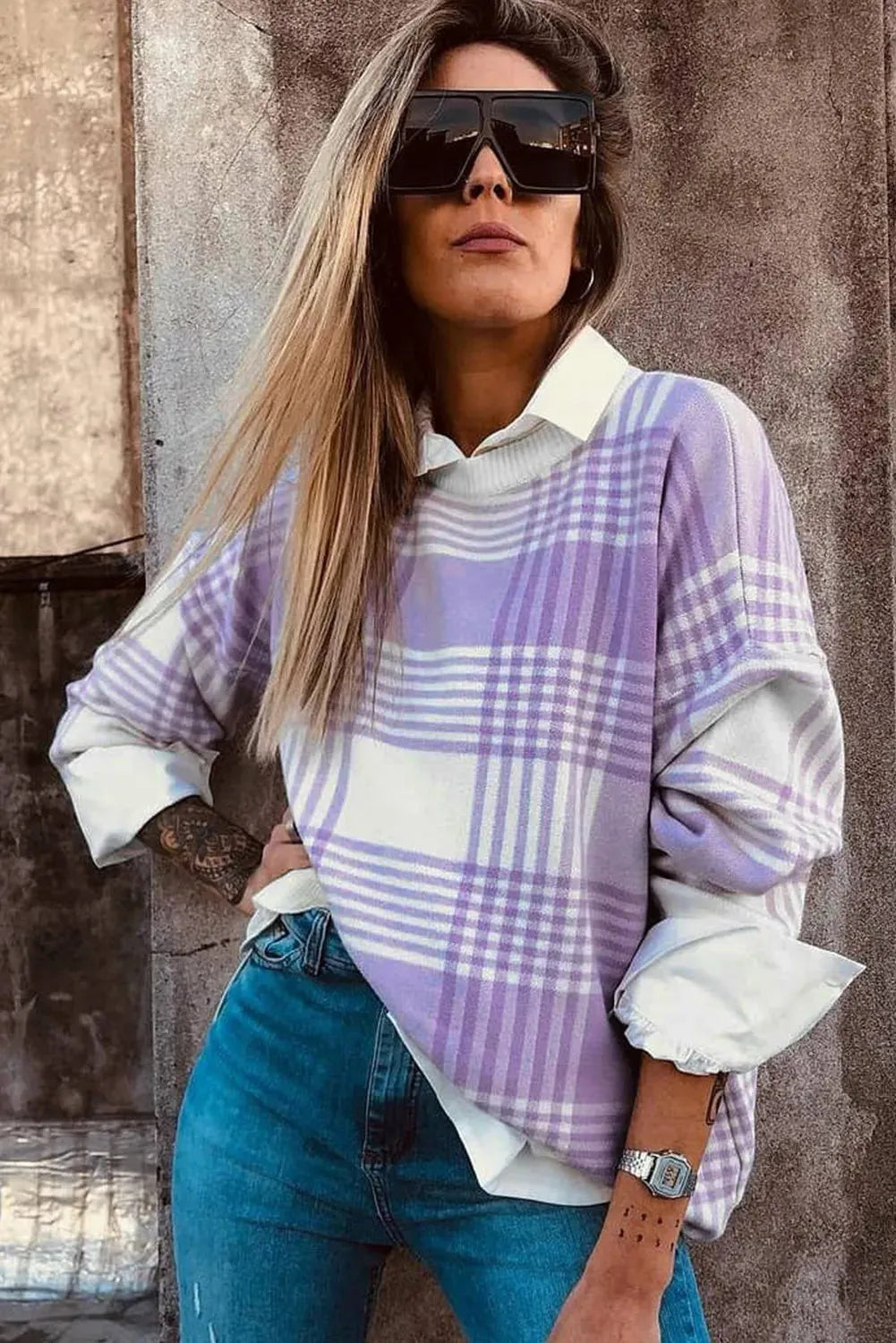 Loose lilac plaid print sweater with ribbed trim on cuffs and hem, long sleeves.