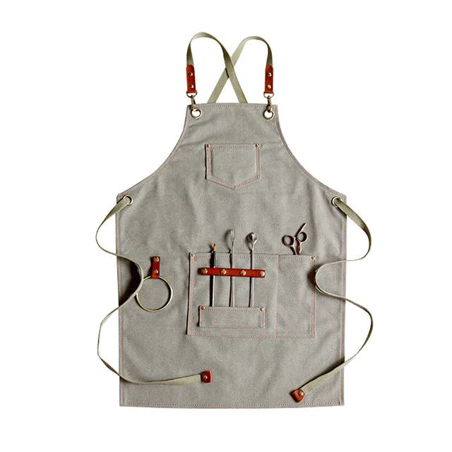 Canvas apron with cross back straps in camel colour