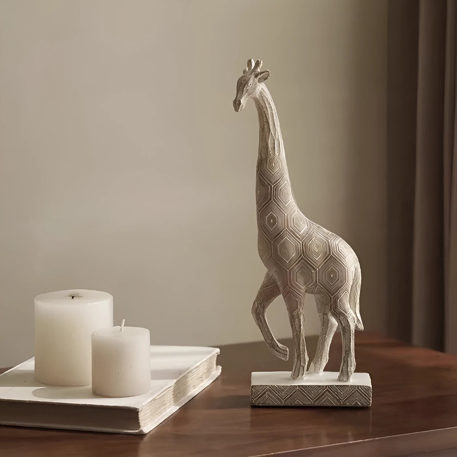 Wood colour giraffe ornament made from synthetic resin measuring 30.5cm tall