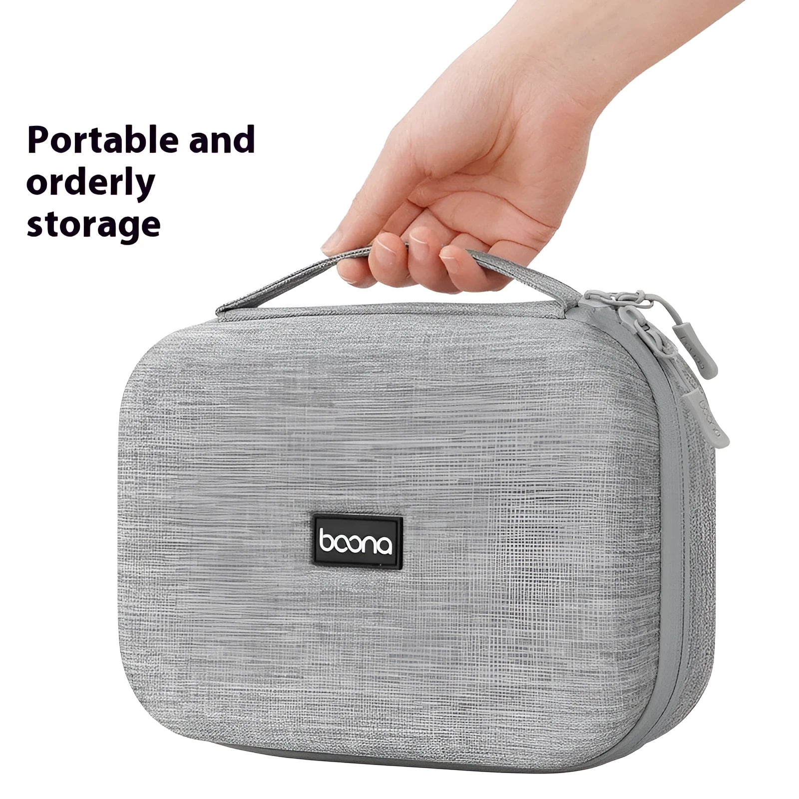 Gray multifunctional digital storage bag for data cable headset charger made from EVA material with sewing, holding cables and a charger