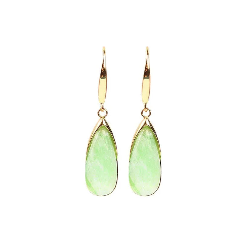 Retro Chinese banquet geometric earrings with jade colour water droplet design