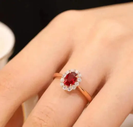Gold pigeon red blood gemstone sterling silver inlaid ring with floral pattern design for women