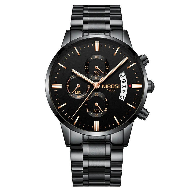 Men's watch with 43mm dial diameter, 11mm thickness, 22mm strap, quartz movement, stainless steel case